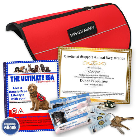 The ESA Lifetime VIP kit: a red Support Animal vest, an ESA registration certificate naming the animal and handler, two Support Animal ID cards and a set of ID key tags