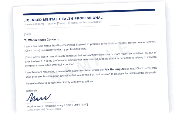 Sample ESA housing letter on a licensed mental health professional's letterhead, with placeholder name, license number and date