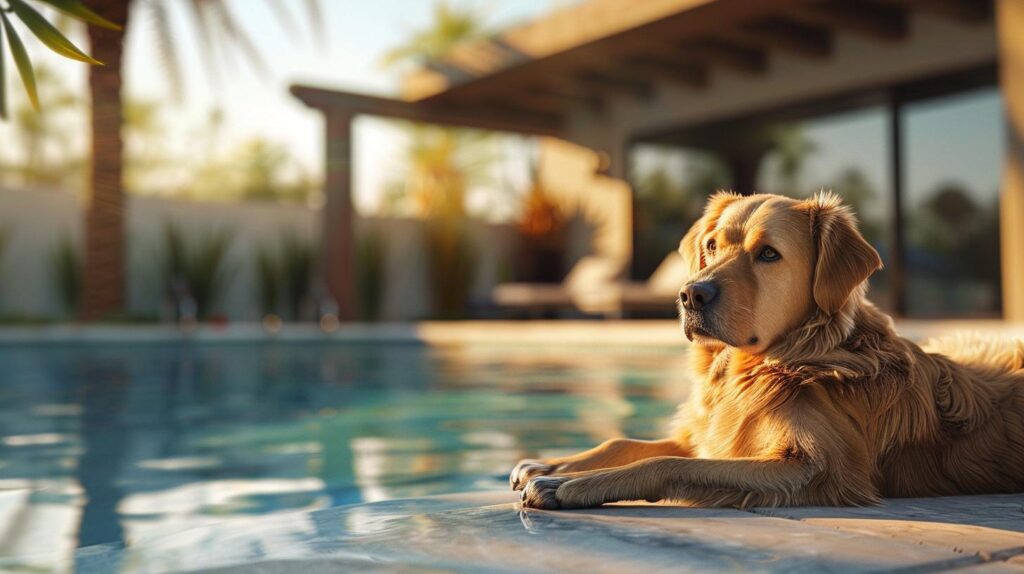 esa dog by pool