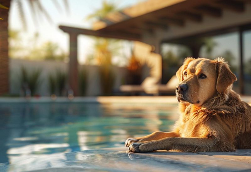 esa dog by pool