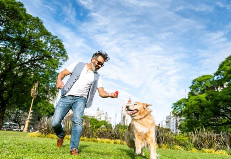 guy sitting with emotional support doggie