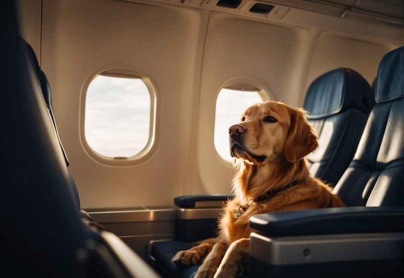 golden retriever in airplane seat