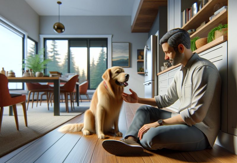 man on floor with dog